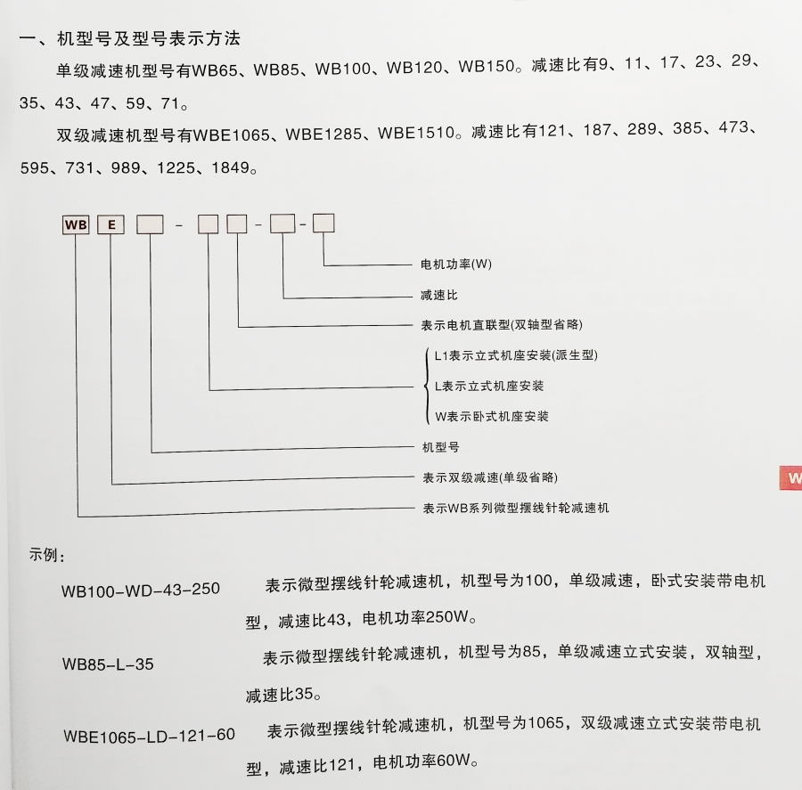 WB擺線針輪減速機型號含義