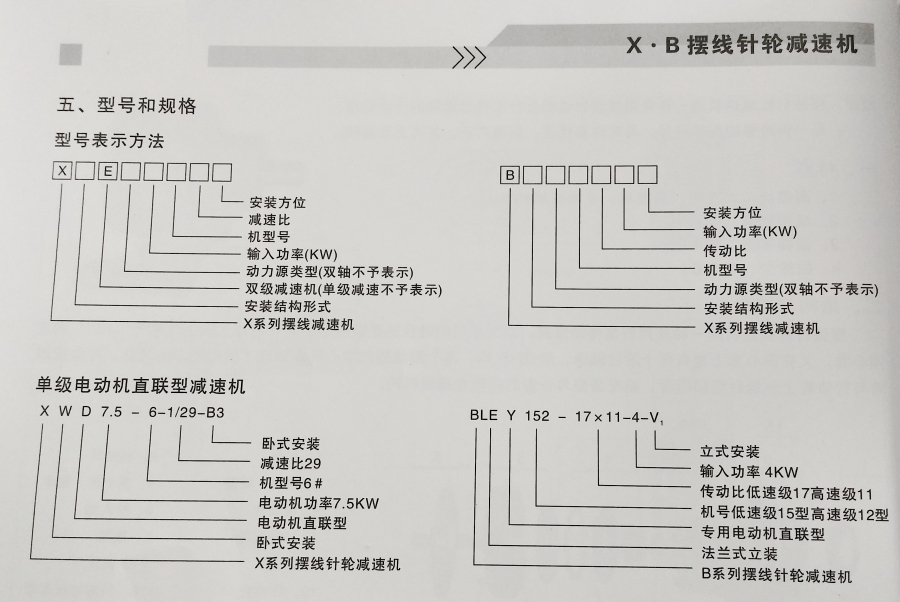 XB系列擺線針輪減速機型號表示方法